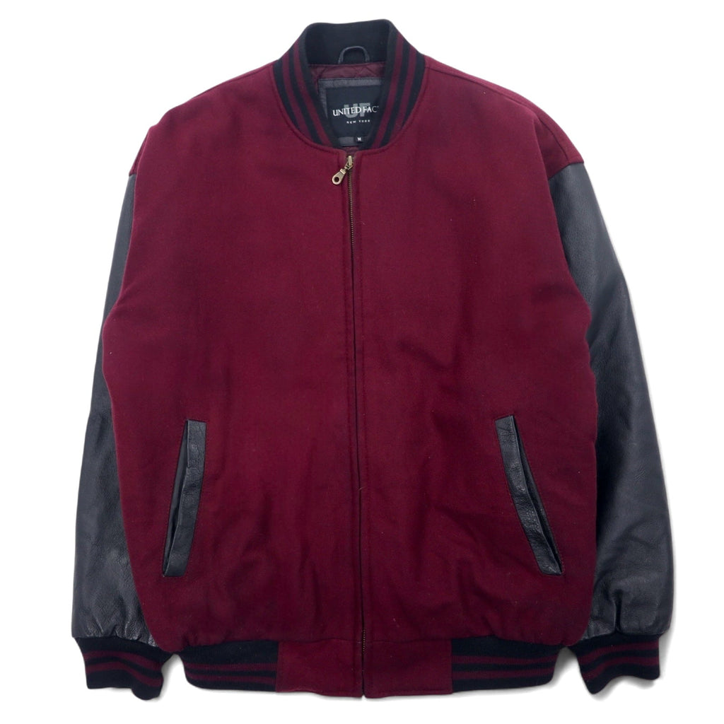 UNITED FACE Anni '90 Giacca College Maniche in Pelle Righe a Costine Taglia M Bordeaux Nera Lana Pelle