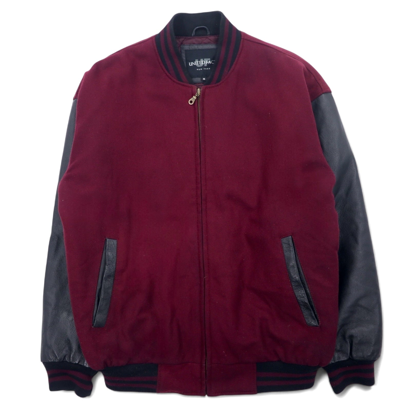 UNITED FACE Anni '90 Giacca College Maniche in Pelle Righe a Costine Taglia M Bordeaux Nera Lana Pelle