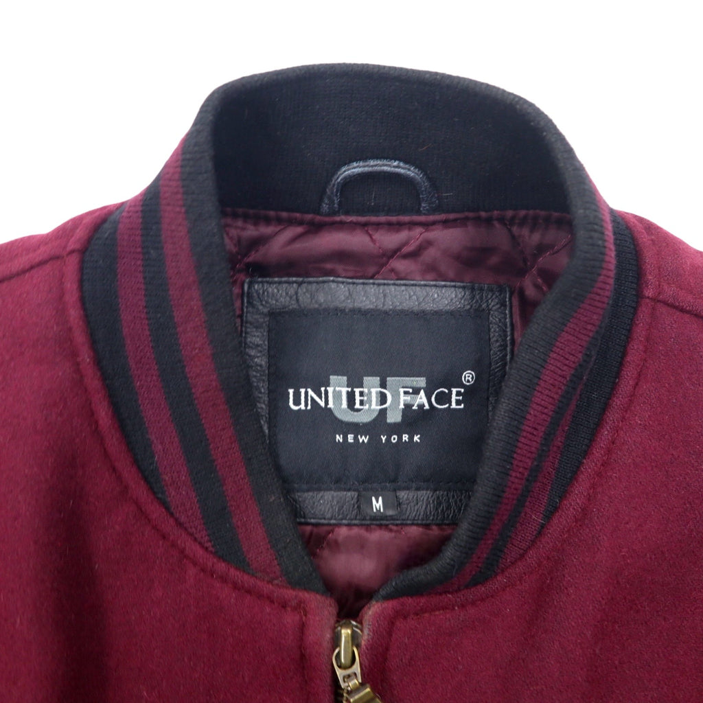 UNITED FACE Anni '90 Giacca College Maniche in Pelle Righe a Costine Taglia M Bordeaux Nera Lana Pelle