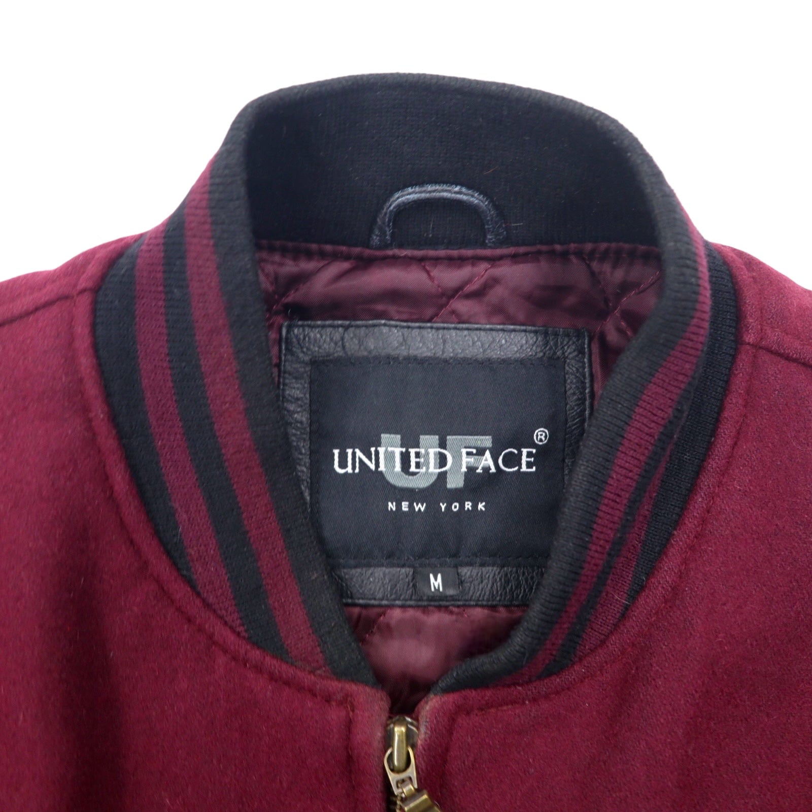 UNITED FACE Anni '90 Giacca College Maniche in Pelle Righe a Costine Taglia M Bordeaux Nera Lana Pelle