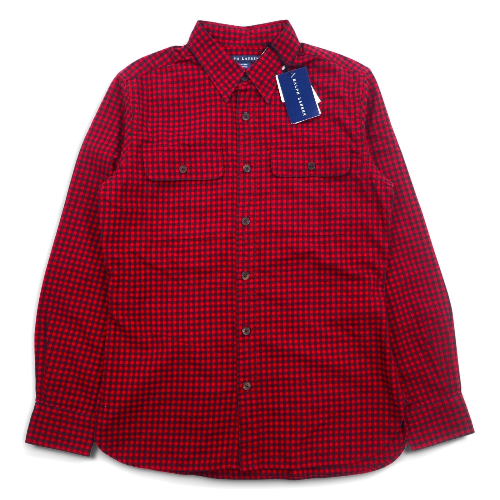 RALPH LAUREN Camicia in flanella XL rossa a quadri con toppe in pelle sui gomiti e tasche a patta, articolo non usato