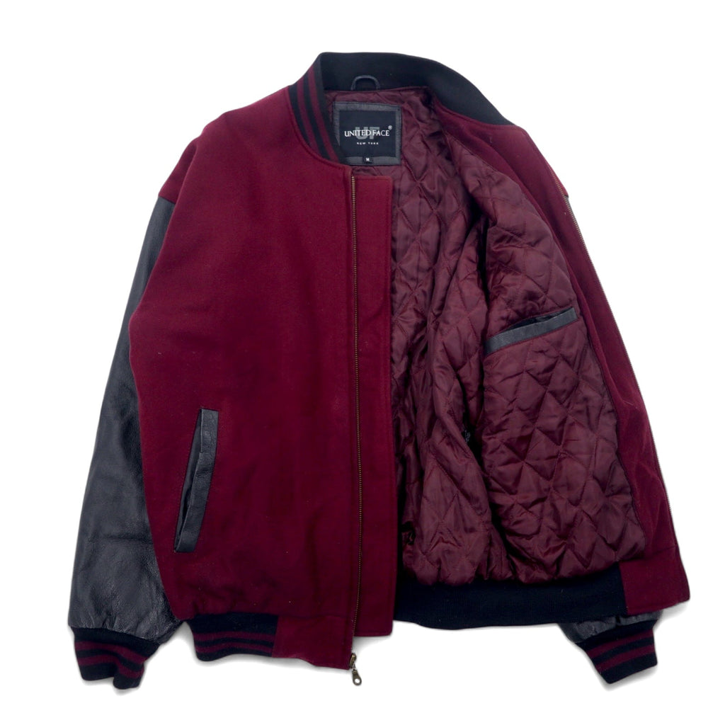 UNITED FACE Anni '90 Giacca College Maniche in Pelle Righe a Costine Taglia M Bordeaux Nera Lana Pelle