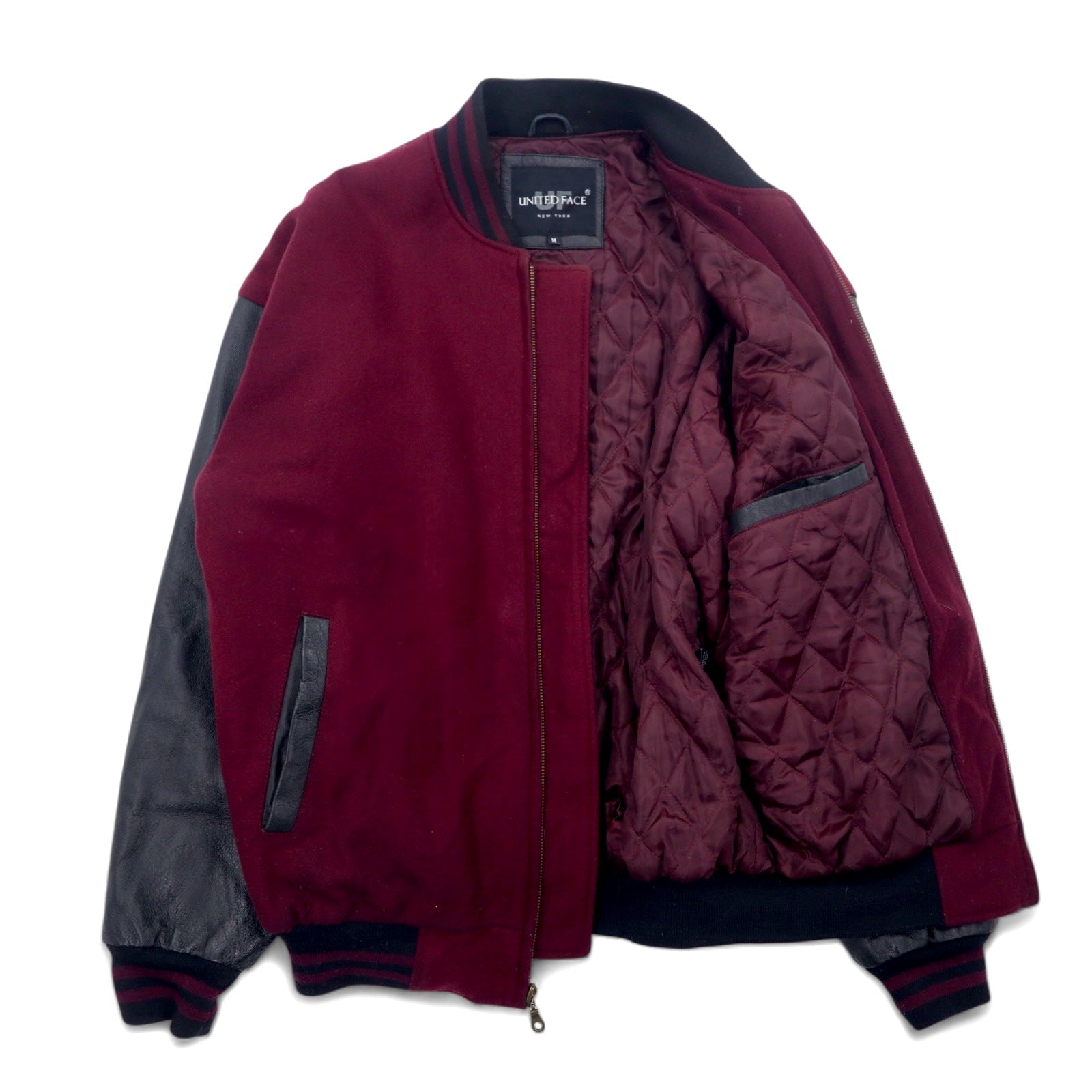 UNITED FACE Anni '90 Giacca College Maniche in Pelle Righe a Costine Taglia M Bordeaux Nera Lana Pelle
