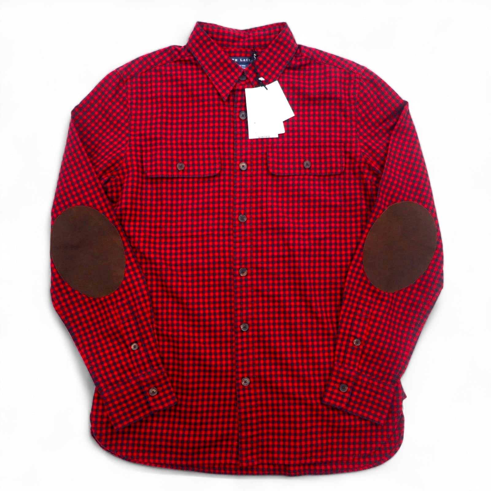 RALPH LAUREN Camicia in flanella XL rossa a quadri con toppe in pelle sui gomiti e tasche a patta, articolo non usato
