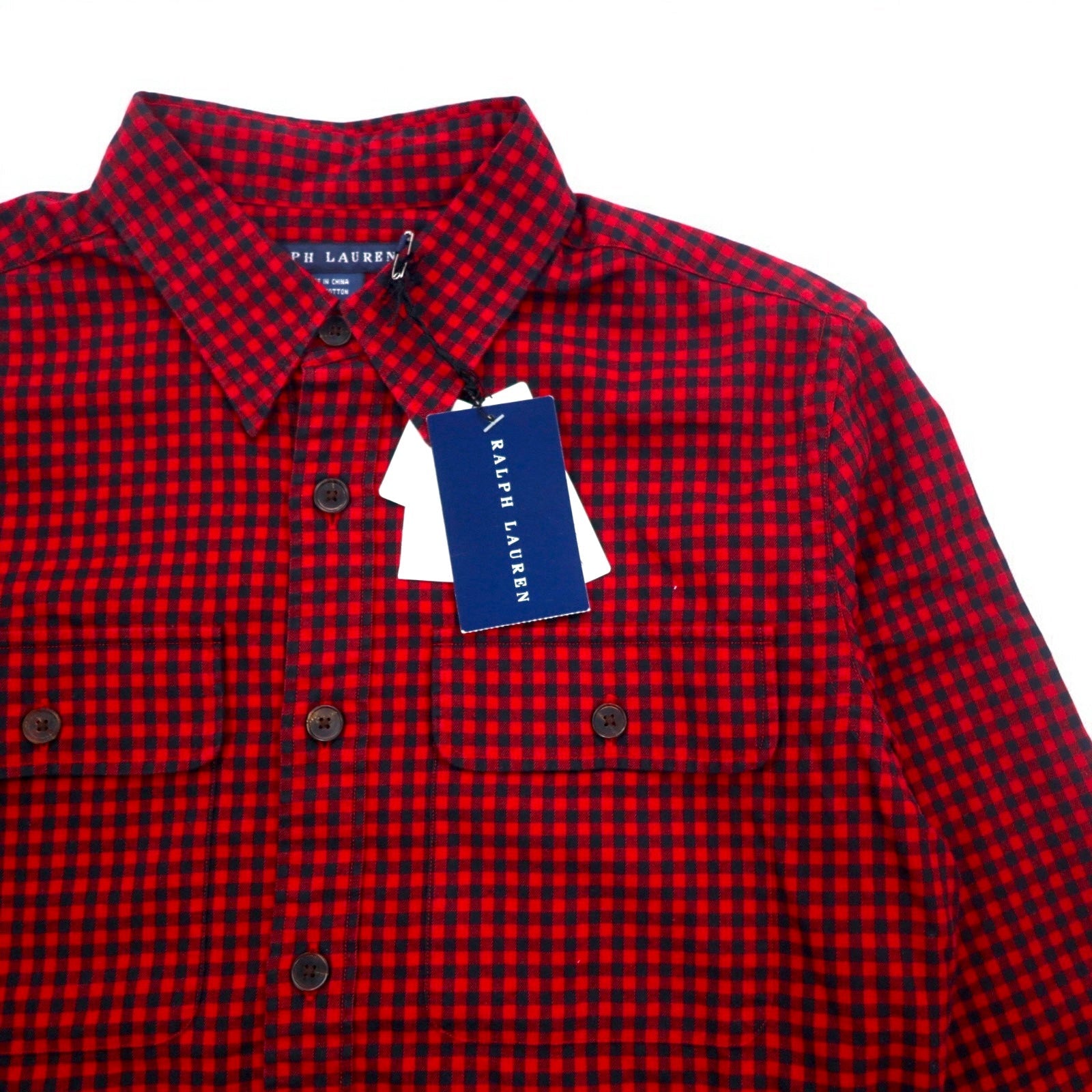 RALPH LAUREN Camicia in flanella XL rossa a quadri con toppe in pelle sui gomiti e tasche a patta, articolo non usato