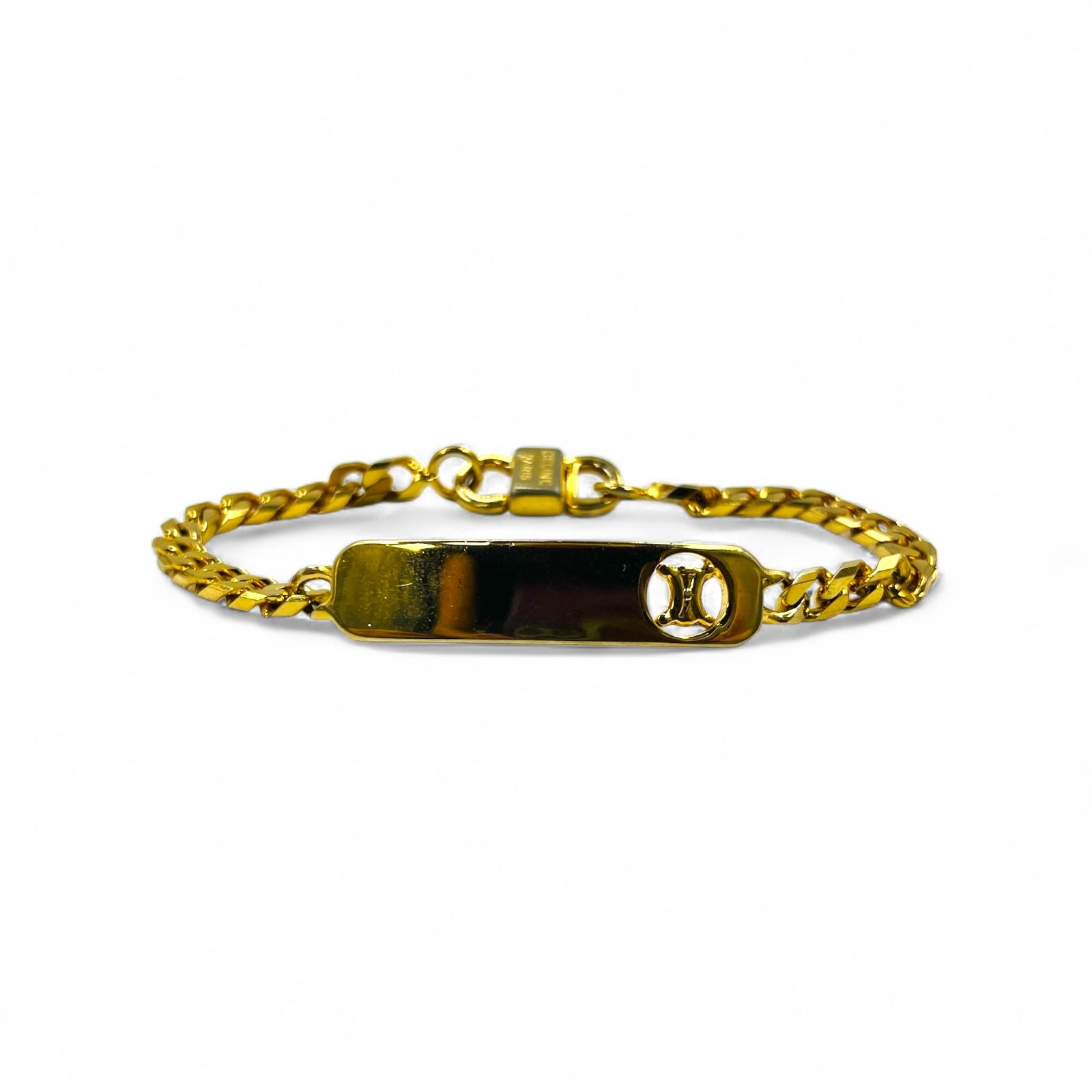 CELINE Vintage Bracciale a catena Figaro dorato con targhetta Triomphe ID Made in Italy