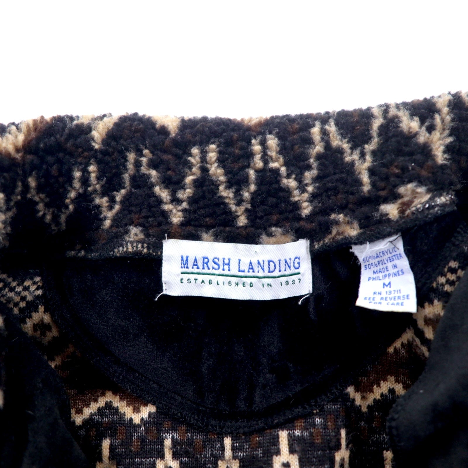 Anni '90 MARSH LANDING Giacca in pile teddy M Marrone Fantasia Motivo nordico Acrilico Coulisse