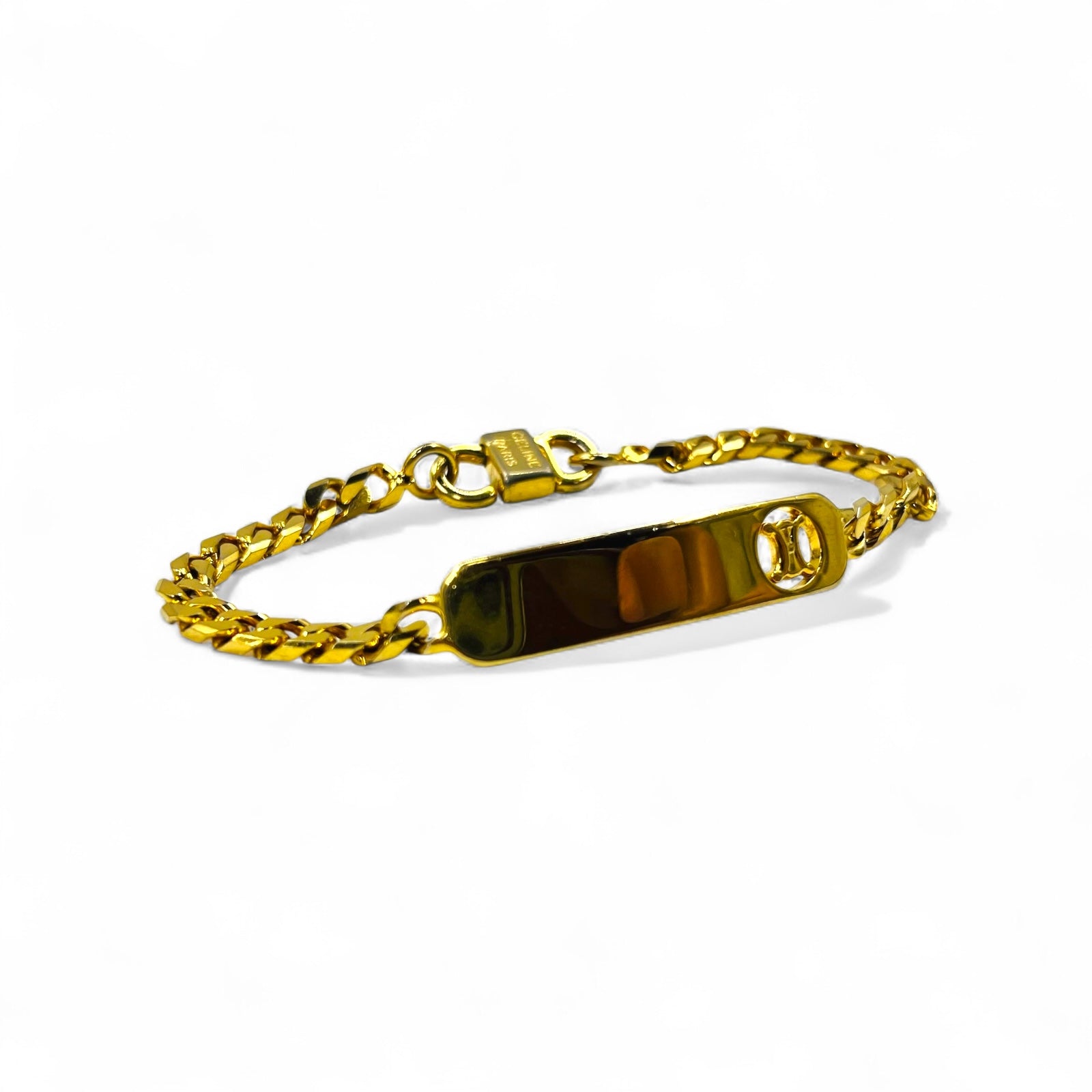 CELINE Vintage Bracciale a catena Figaro dorato con targhetta Triomphe ID Made in Italy