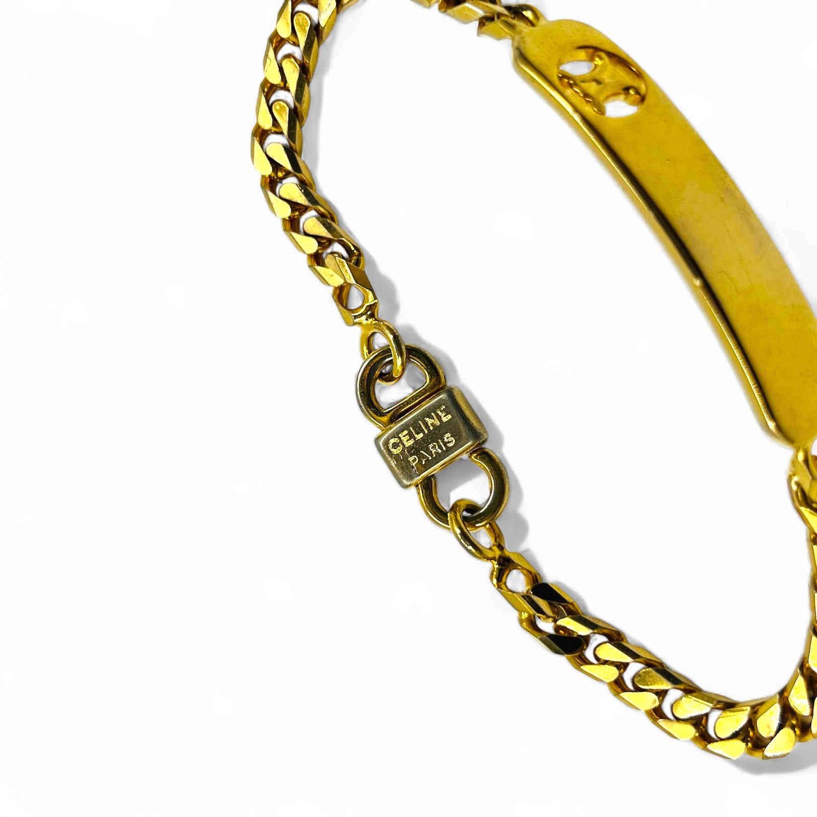 CELINE Vintage Bracciale a catena Figaro dorato con targhetta Triomphe ID Made in Italy