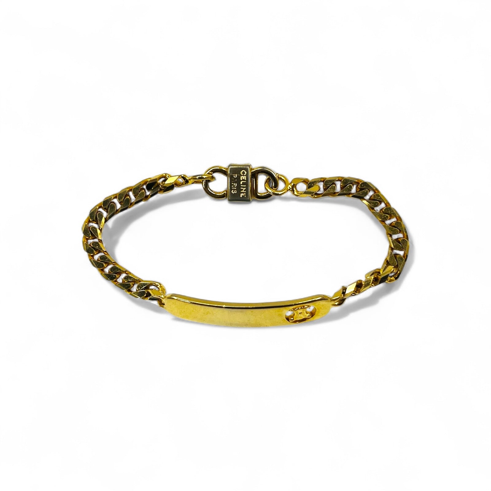 CELINE Vintage Bracciale a catena Figaro dorato con targhetta Triomphe ID Made in Italy