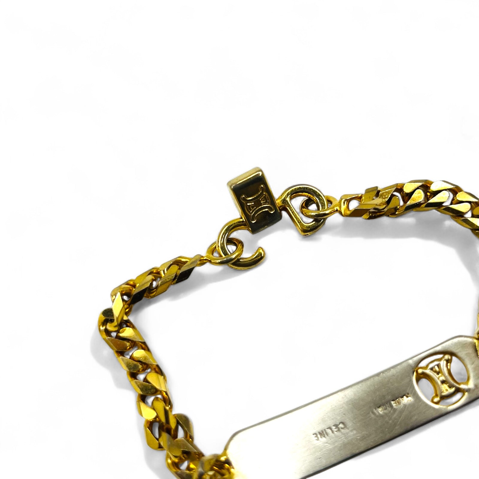 CELINE Vintage Bracciale a catena Figaro dorato con targhetta Triomphe ID Made in Italy
