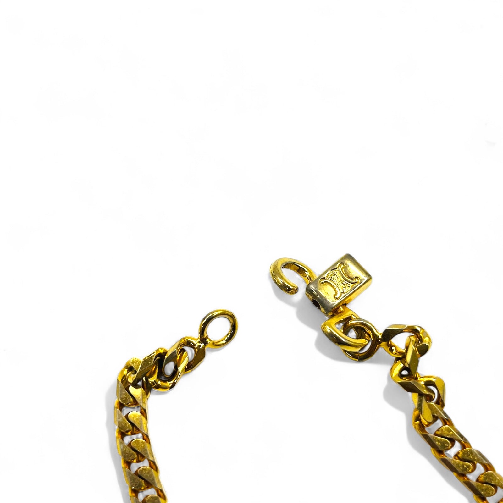 CELINE Vintage Bracciale a catena Figaro dorato con targhetta Triomphe ID Made in Italy