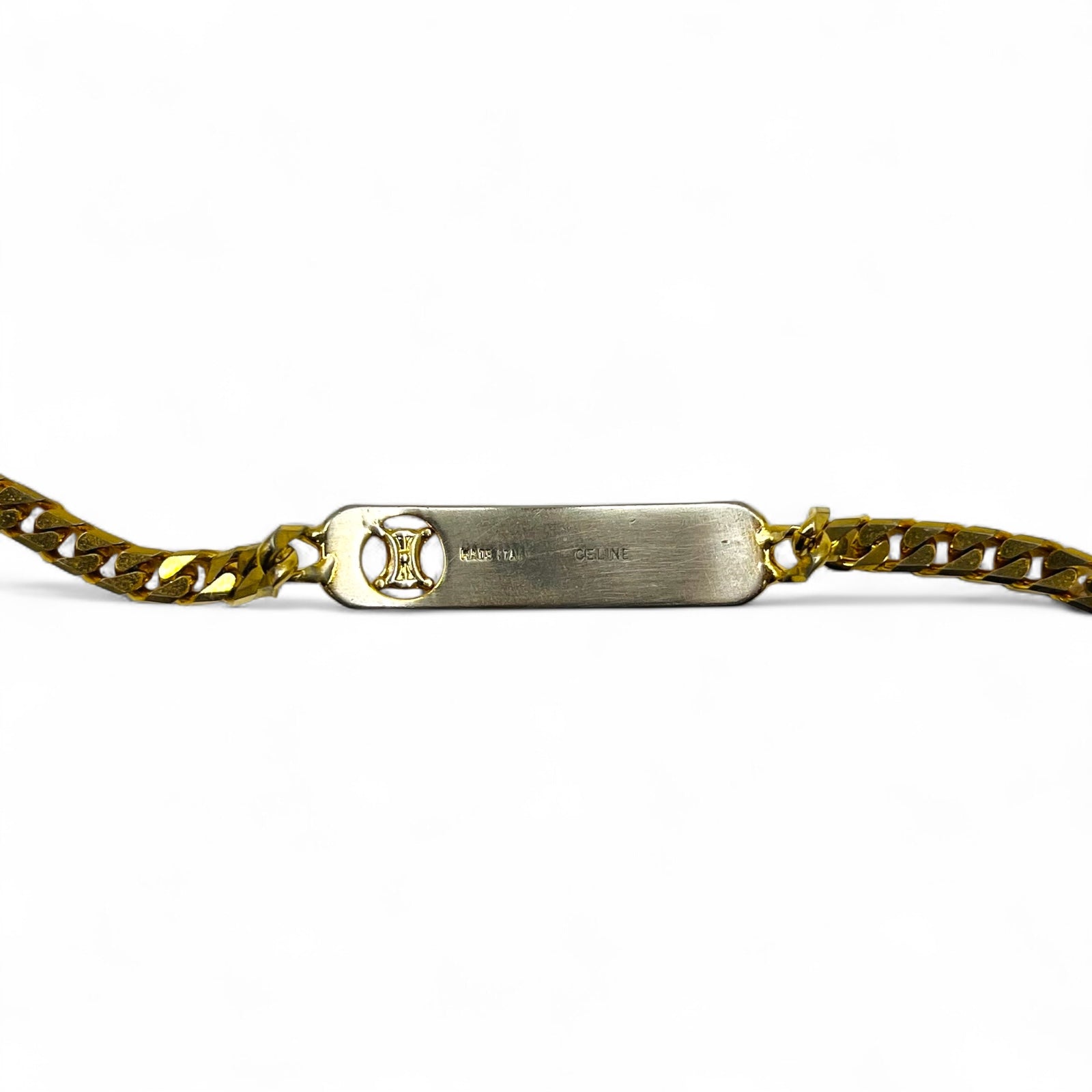 CELINE Vintage Bracciale a catena Figaro dorato con targhetta Triomphe ID Made in Italy