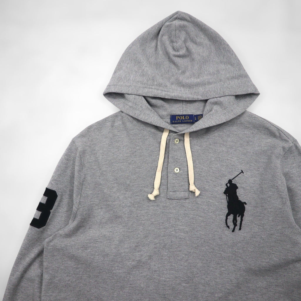 Polo Ralph Lauren ヘンリーネック パーカー L グレー 刺繍 ビッグポニー 鹿の子 ハーフボタン プルオーバー