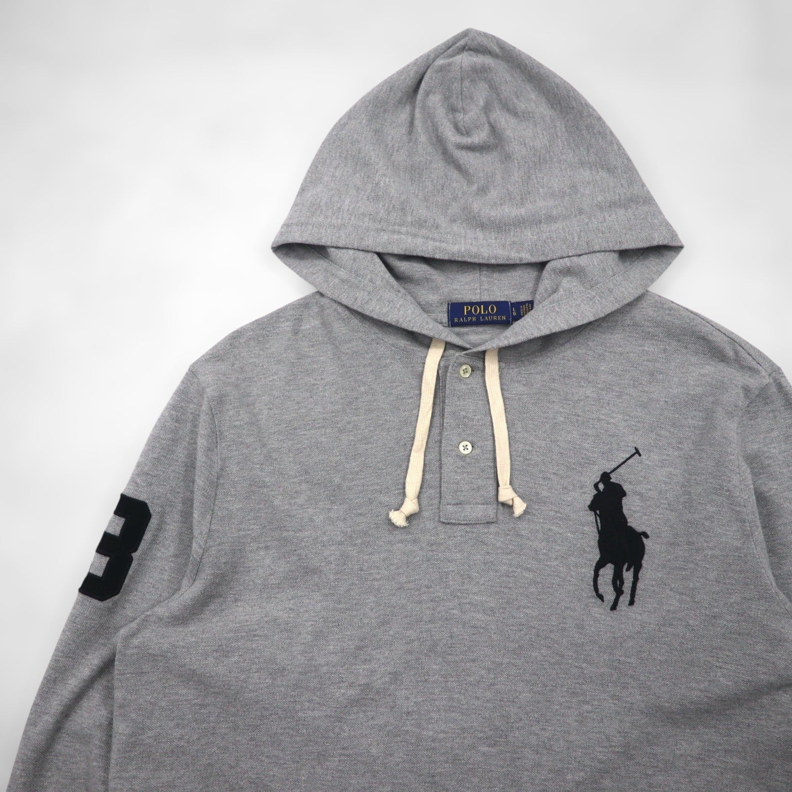 Polo Ralph Lauren ヘンリーネック パーカー L グレー 刺繍 ビッグポニー 鹿の子 ハーフボタン プルオーバー
