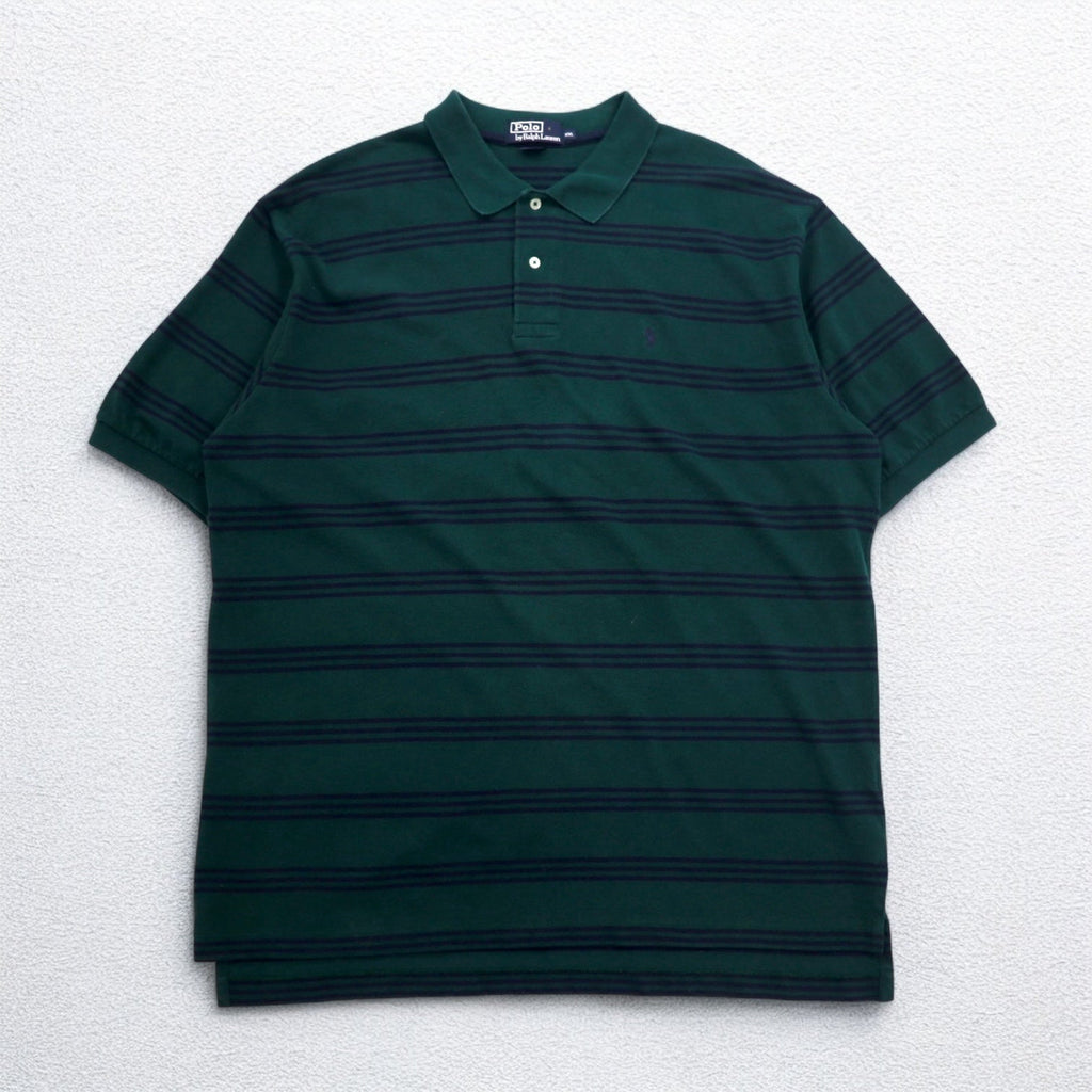 Polo by Ralph Lauren 90年代 ボーダー ポロシャツ 2XL グリーン コットン 鹿の子 スモールポニー刺繍