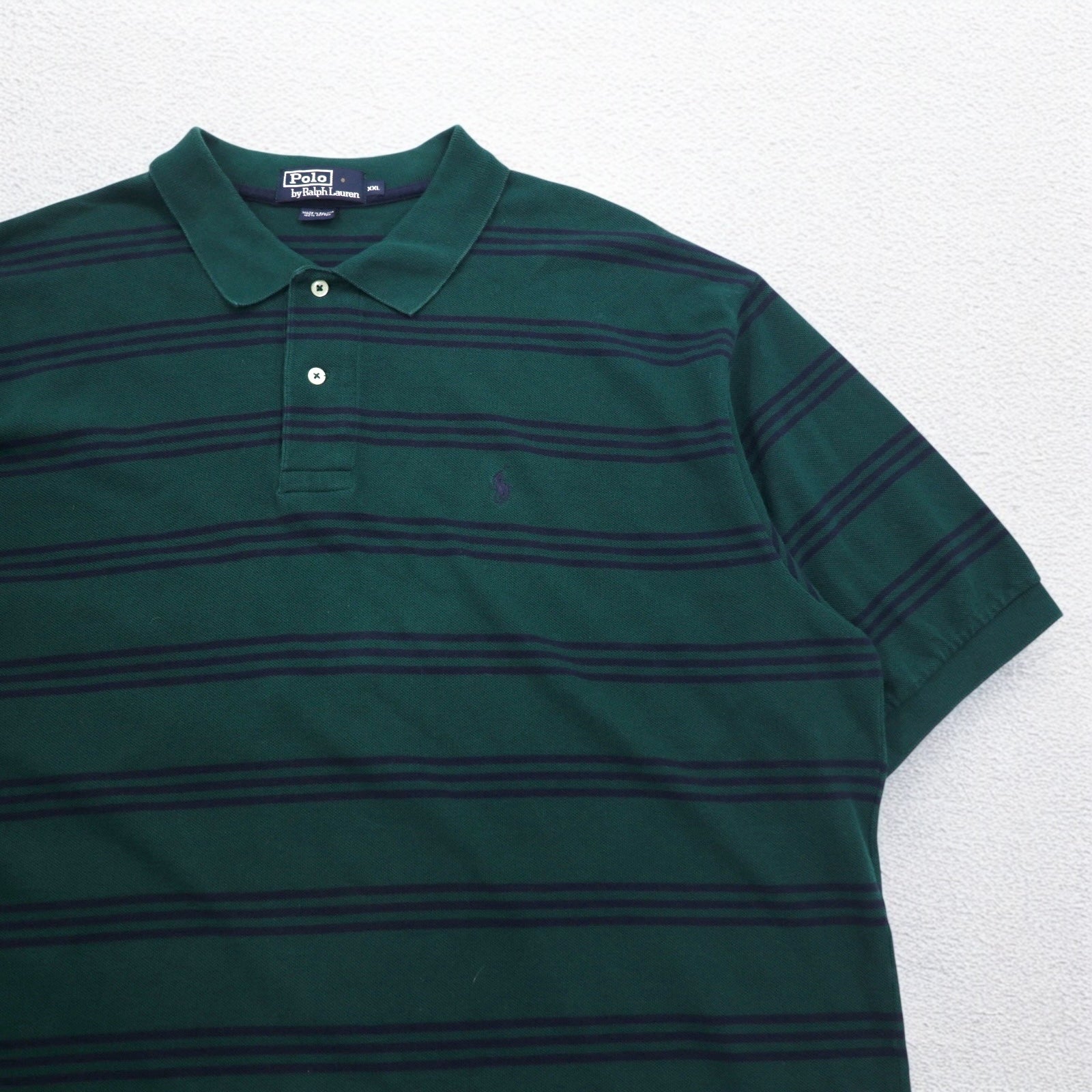Polo by Ralph Lauren 90年代 ボーダー ポロシャツ 2XL グリーン コットン 鹿の子 スモールポニー刺繍