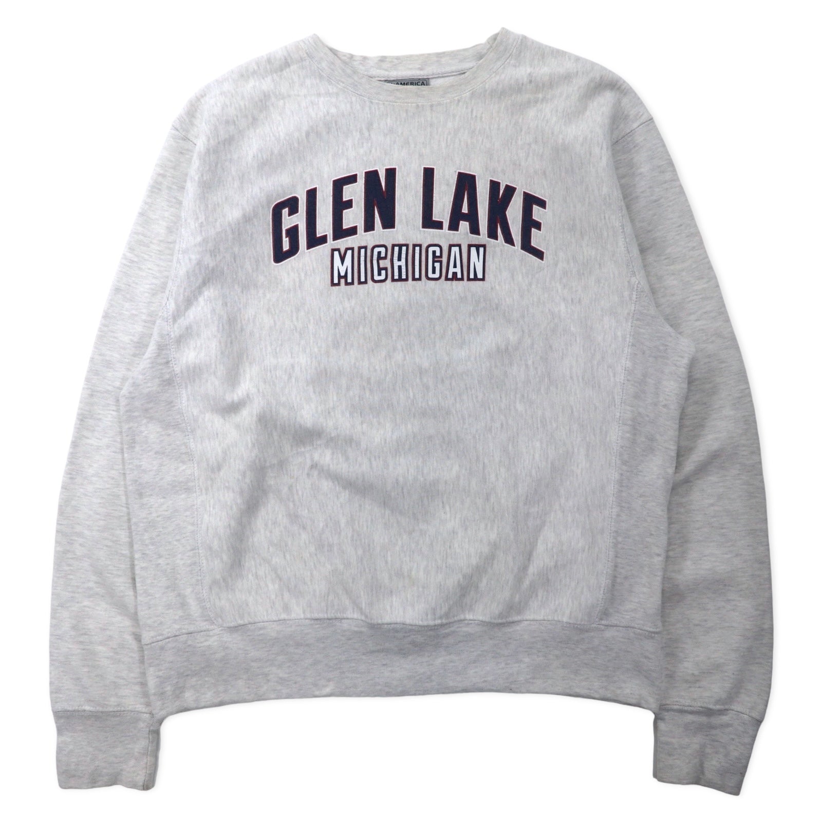 J AMERICA Felpa stampata college L grigia cotone misto poliestere GLEN LAKE MICHIGAN oversize reverse weave