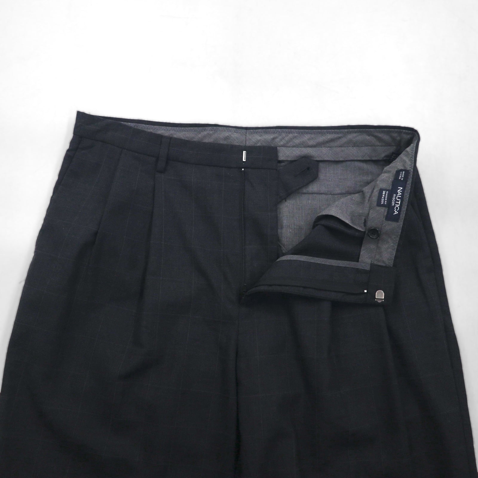 NAUTICA RIGGER Pantaloni ampi a pieghe in lana a quadri, vestibilità classica, taglia L, colore grigio