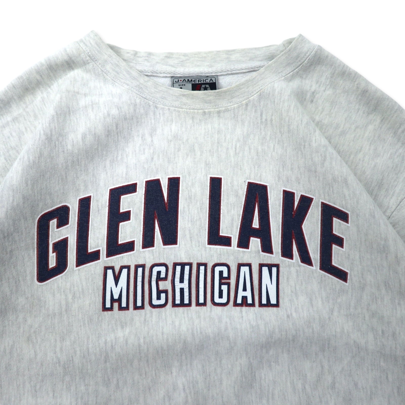 J AMERICA Felpa stampata college L grigia cotone misto poliestere GLEN LAKE MICHIGAN oversize reverse weave
