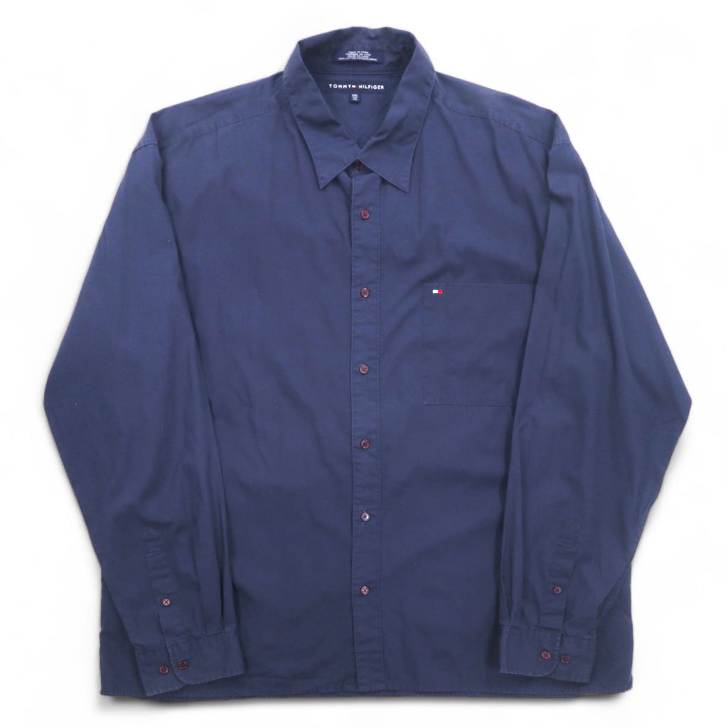 TOMMY HILFIGER anni '90 camicia elegante XXL blu navy taschino sul petto oversize logo