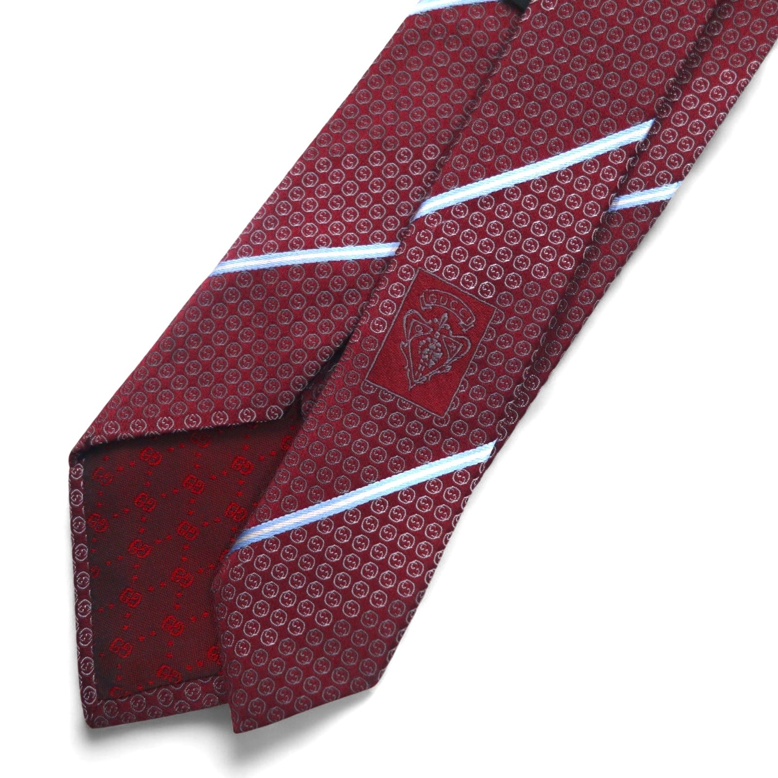 GUCCI Made in Italy Cravatta Bordeaux a Righe Regimental Seta Logo GG Tag Attuale
