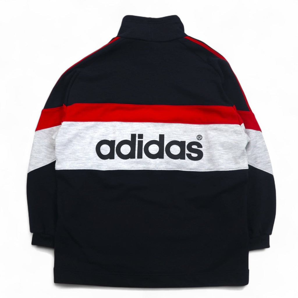 adidas 90年代 デサント社製 ドローコード ハイネック スウェット L ブラック 両面プリント 日本製