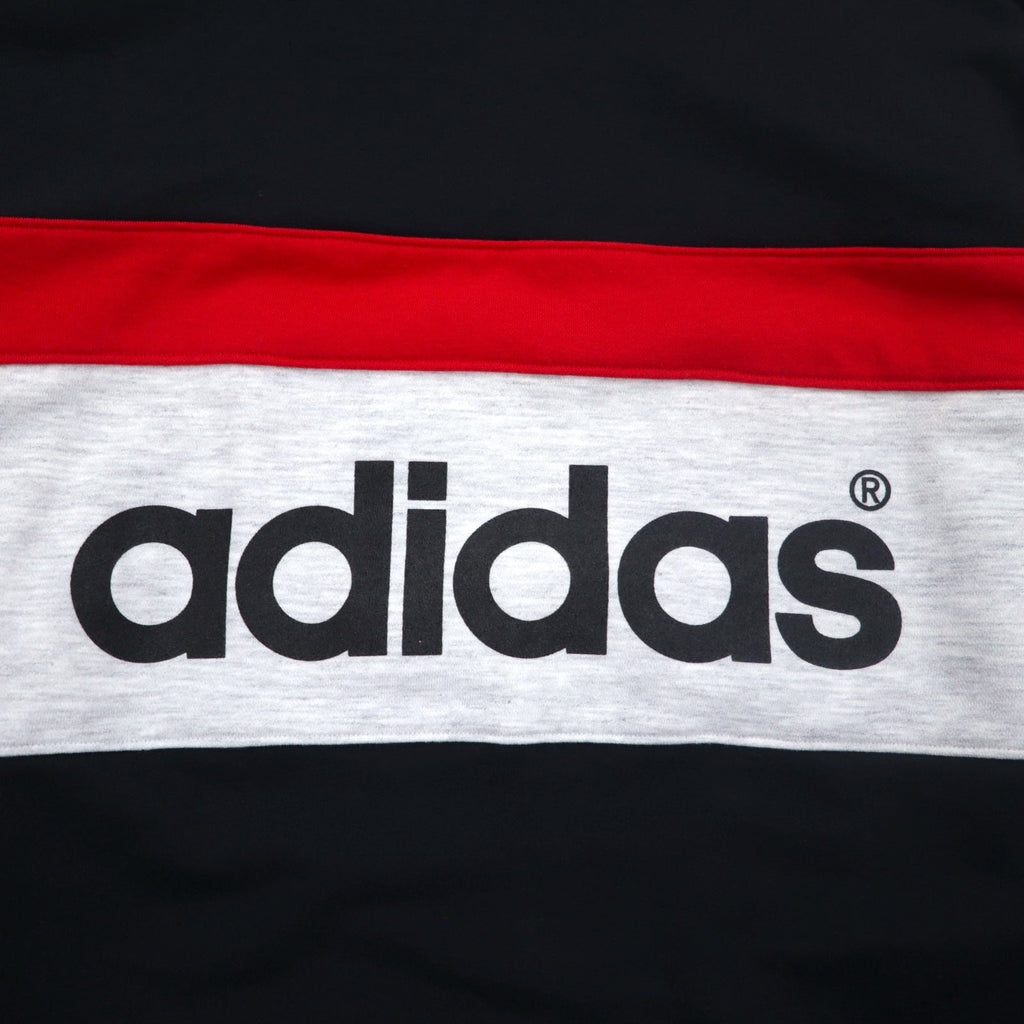 adidas 90年代 デサント社製 ドローコード ハイネック スウェット L ブラック 両面プリント 日本製