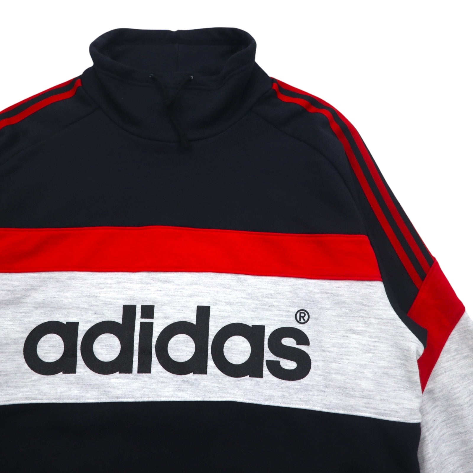 adidas 90年代 デサント社製 ドローコード ハイネック スウェット L ブラック 両面プリント 日本製