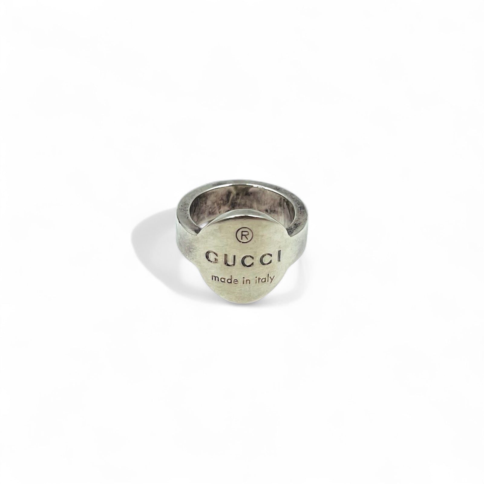 GUCCI Anello ovale con logo Trademark, taglia 10, argento 925