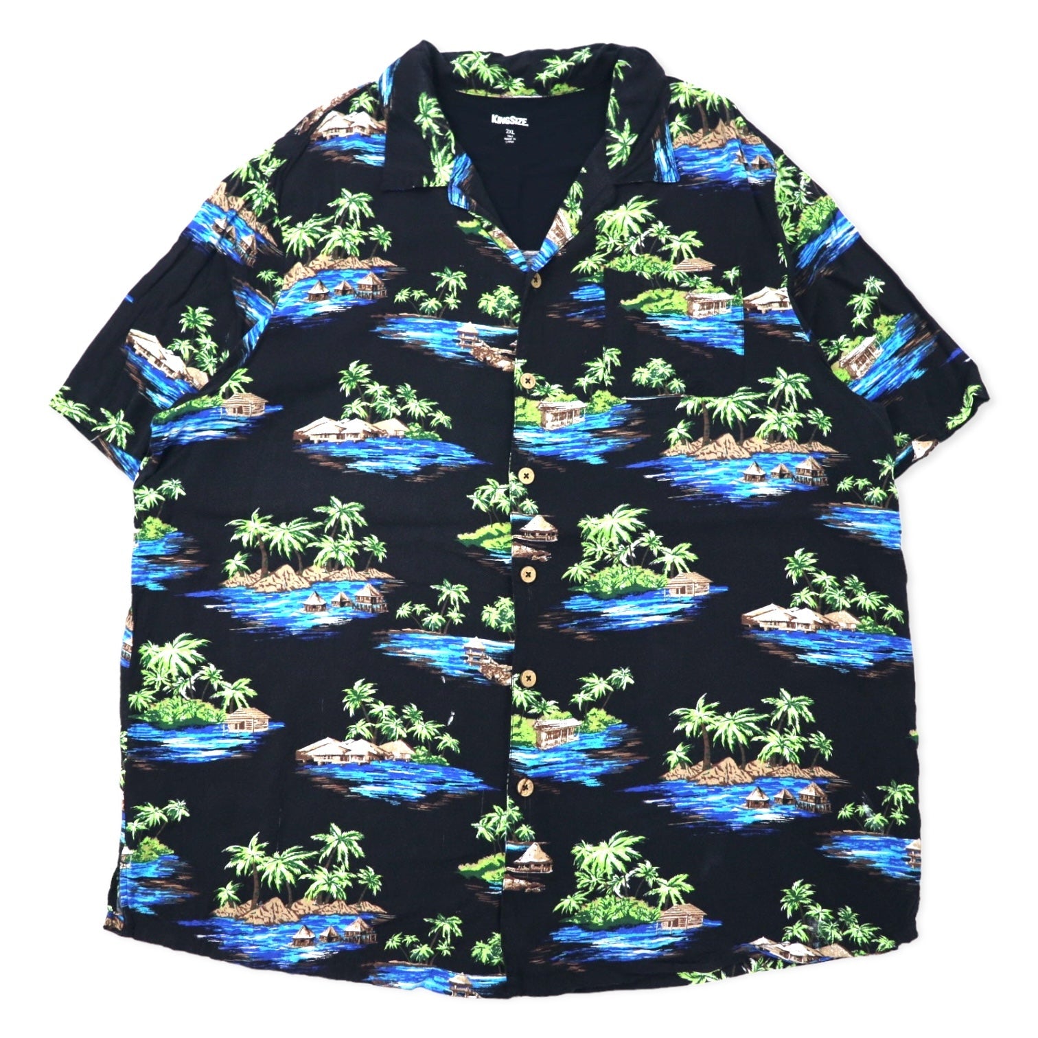 Camicia hawaiana KING SIZE con colletto aperto 2XL nera in rayon fantasia, taglia grande da spiaggia