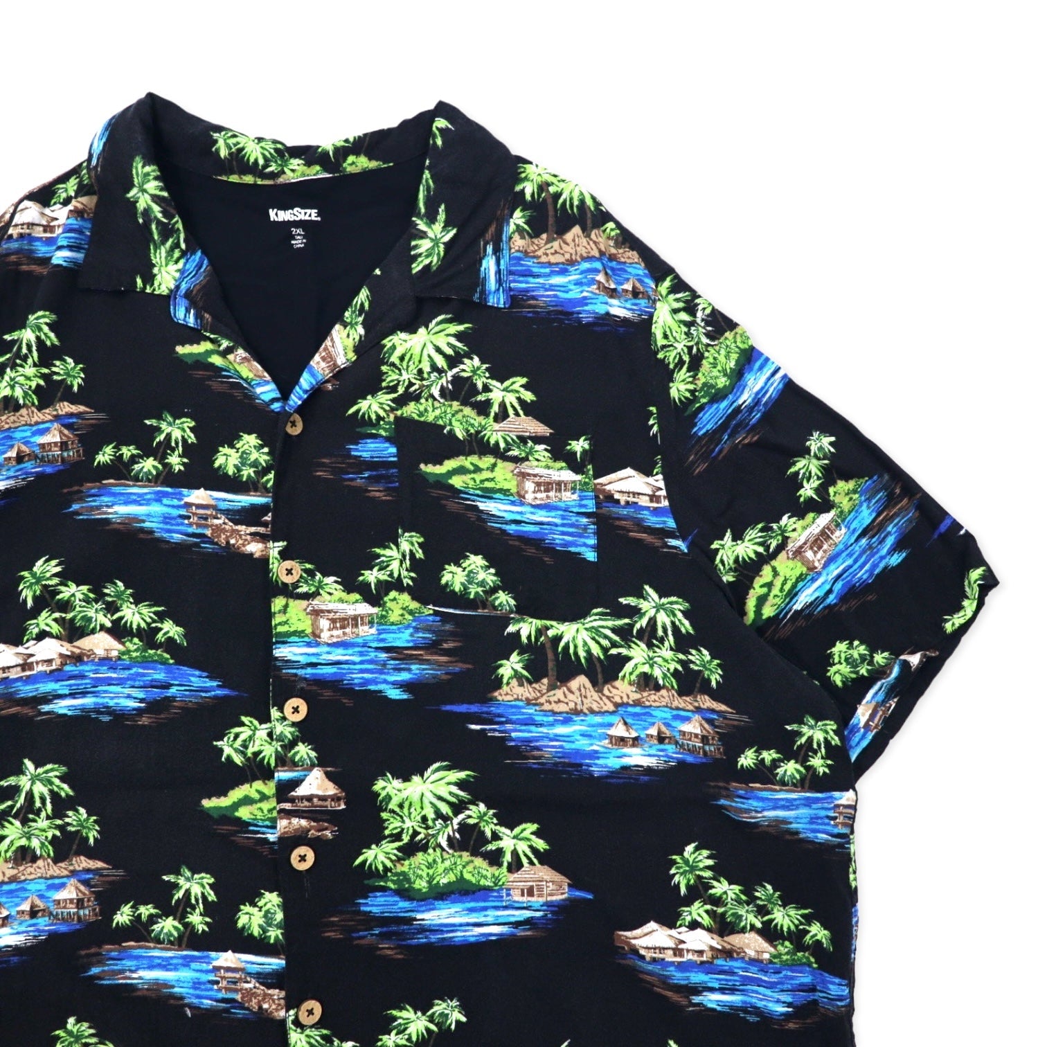 Camicia hawaiana KING SIZE con colletto aperto 2XL nera in rayon fantasia, taglia grande da spiaggia