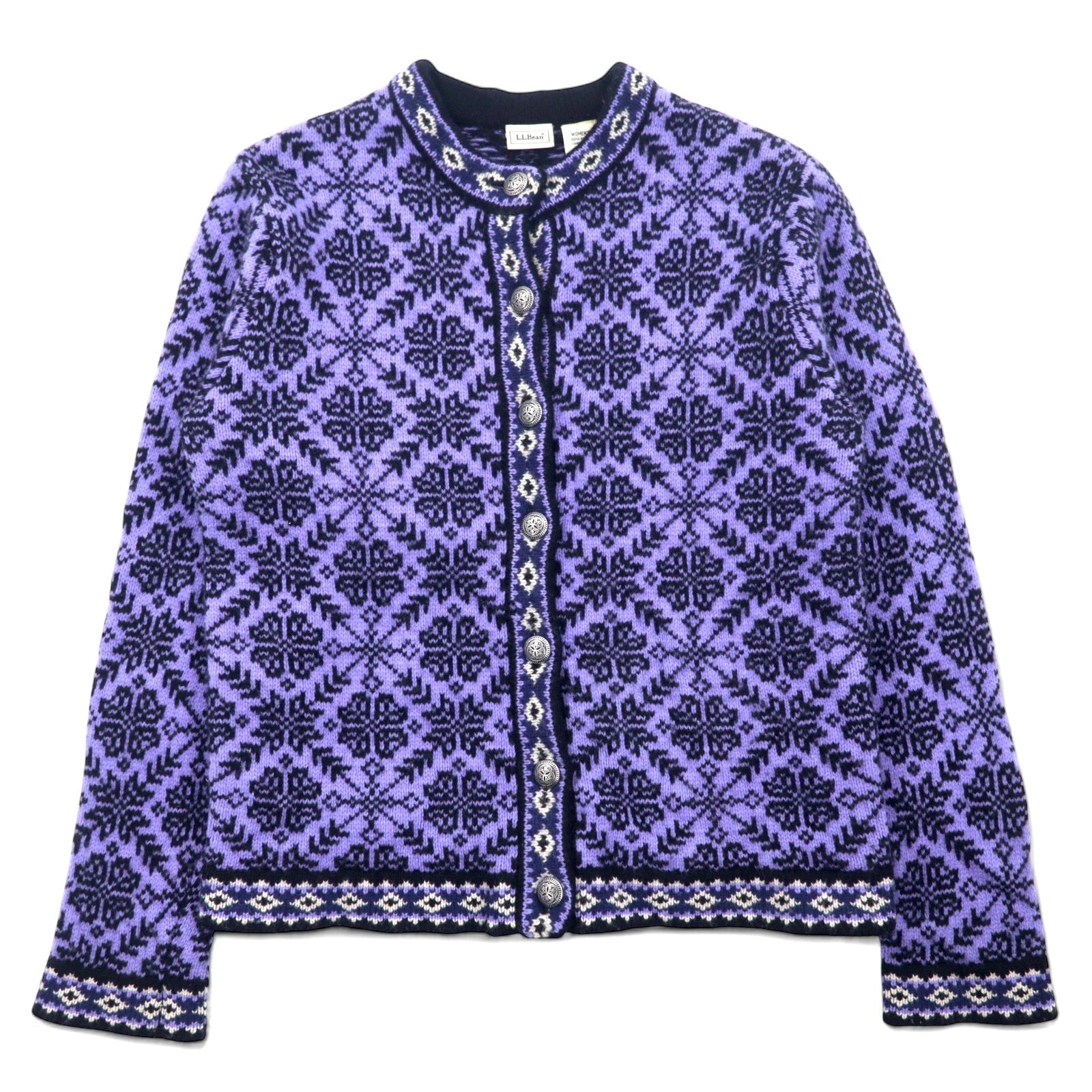 L.L.Bean Cardigan da montagna lavorato a maglia con bottoni concho, taglia S, viola, in lana fantasia, motivo nordico