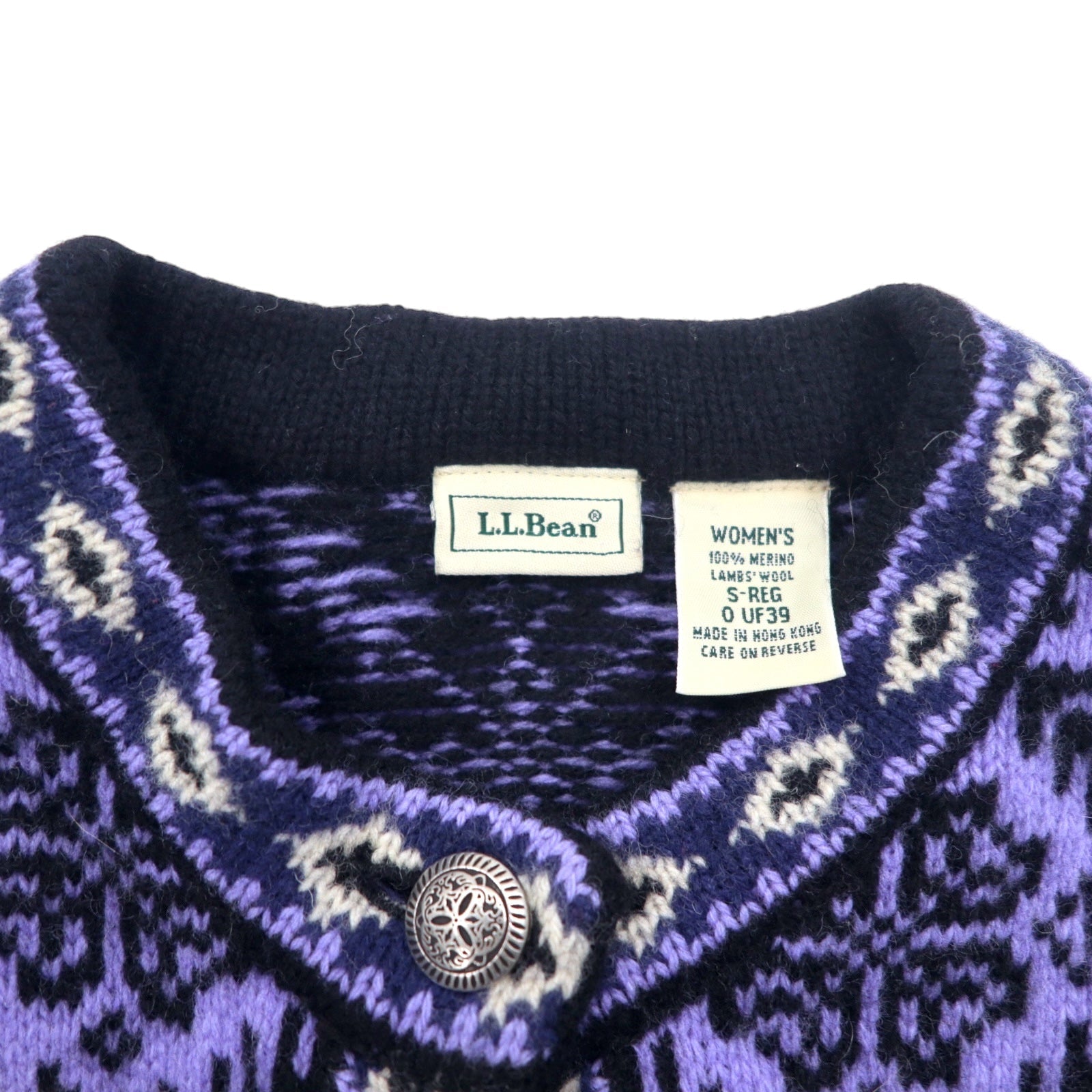 L.L.Bean Cardigan da montagna lavorato a maglia con bottoni concho, taglia S, viola, in lana fantasia, motivo nordico