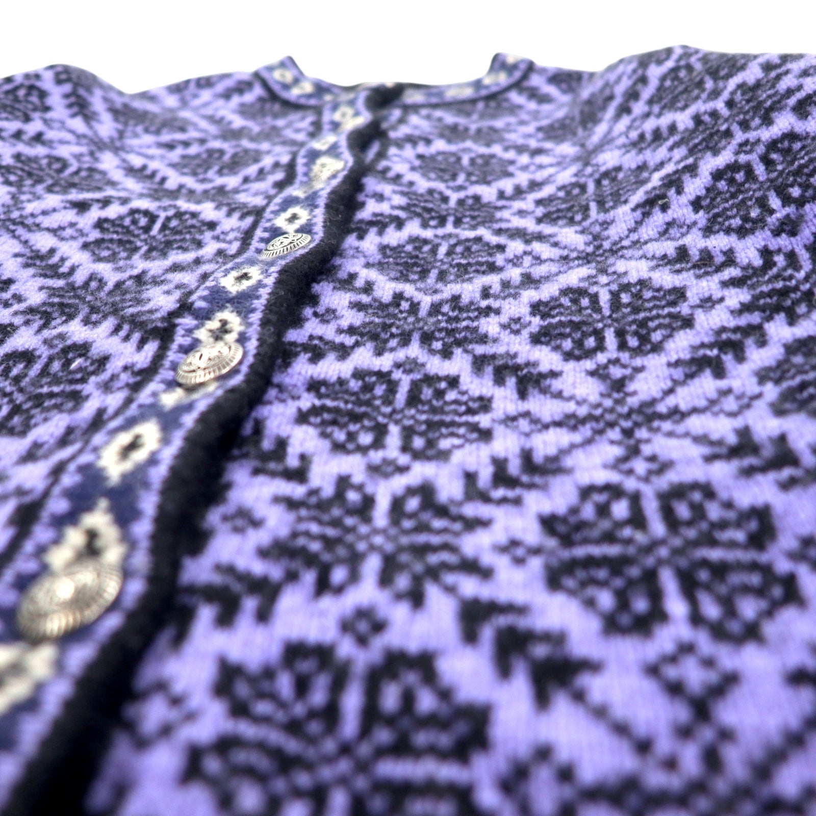 L.L.Bean Cardigan da montagna lavorato a maglia con bottoni concho, taglia S, viola, in lana fantasia, motivo nordico