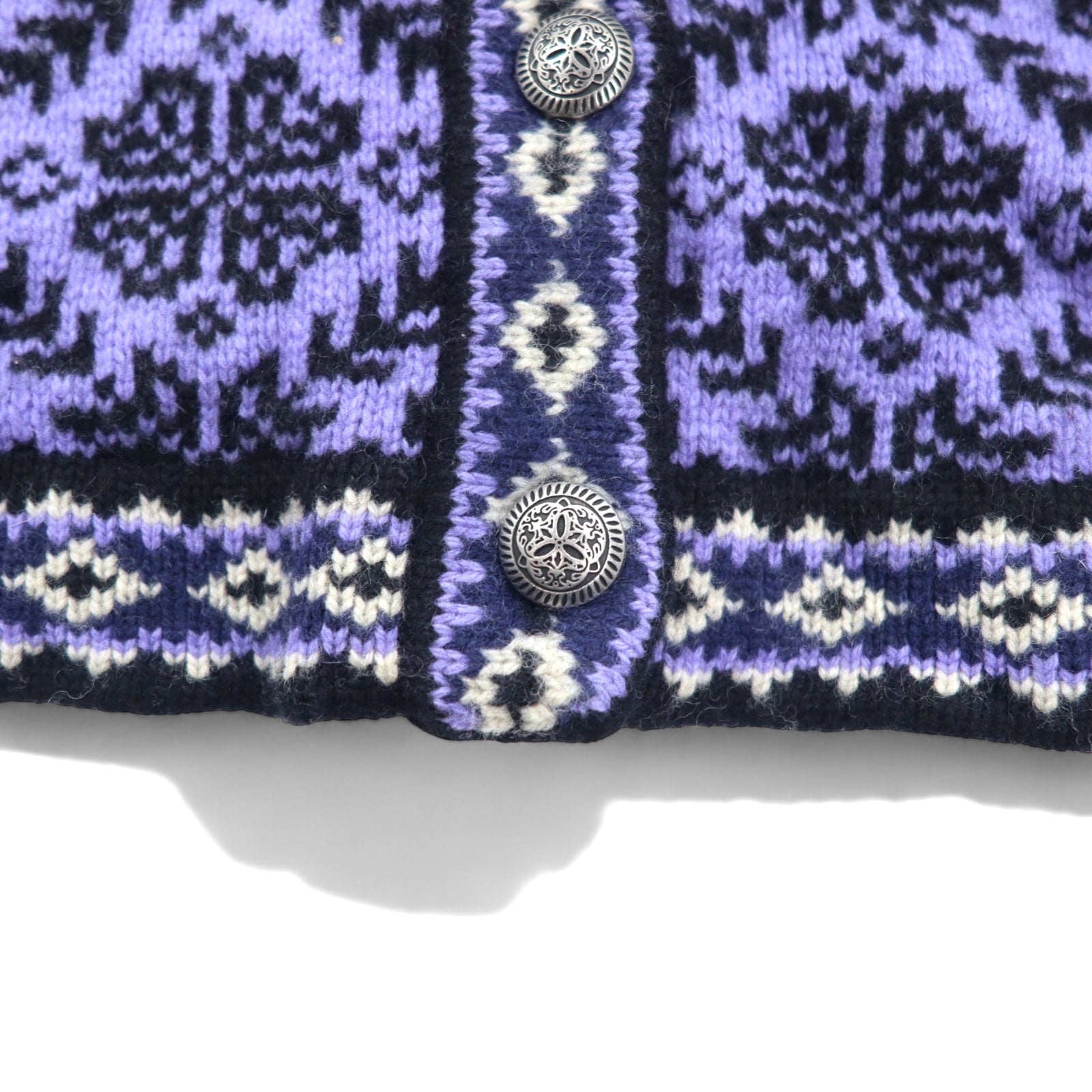 L.L.Bean Cardigan da montagna lavorato a maglia con bottoni concho, taglia S, viola, in lana fantasia, motivo nordico