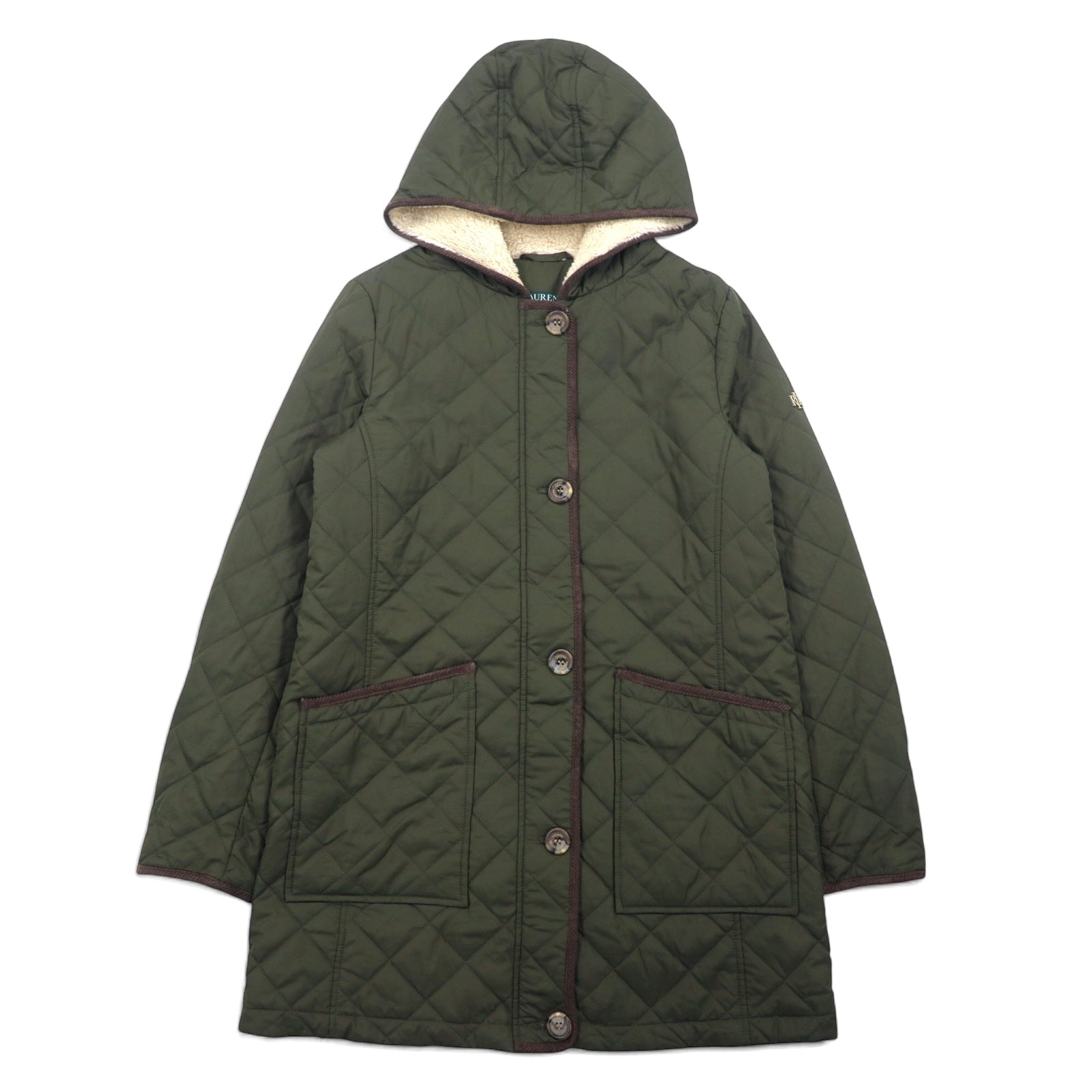 LAUREN RALPH LAUREN Giacca Cappotto Trapuntata con Cappuccio L Kaki Poliestere Fodera con Stampa a Fantasia di Sciarpe