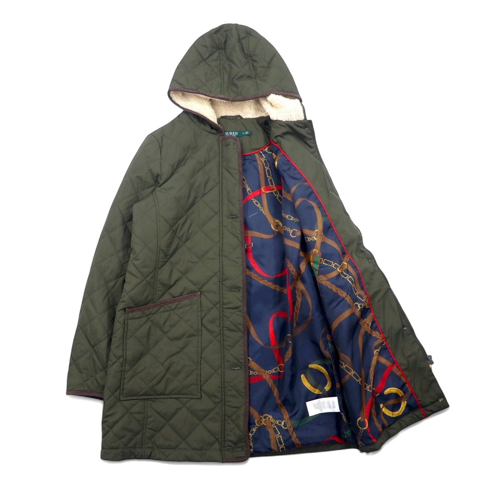 LAUREN RALPH LAUREN Giacca Cappotto Trapuntata con Cappuccio L Kaki Poliestere Fodera con Stampa a Fantasia di Sciarpe