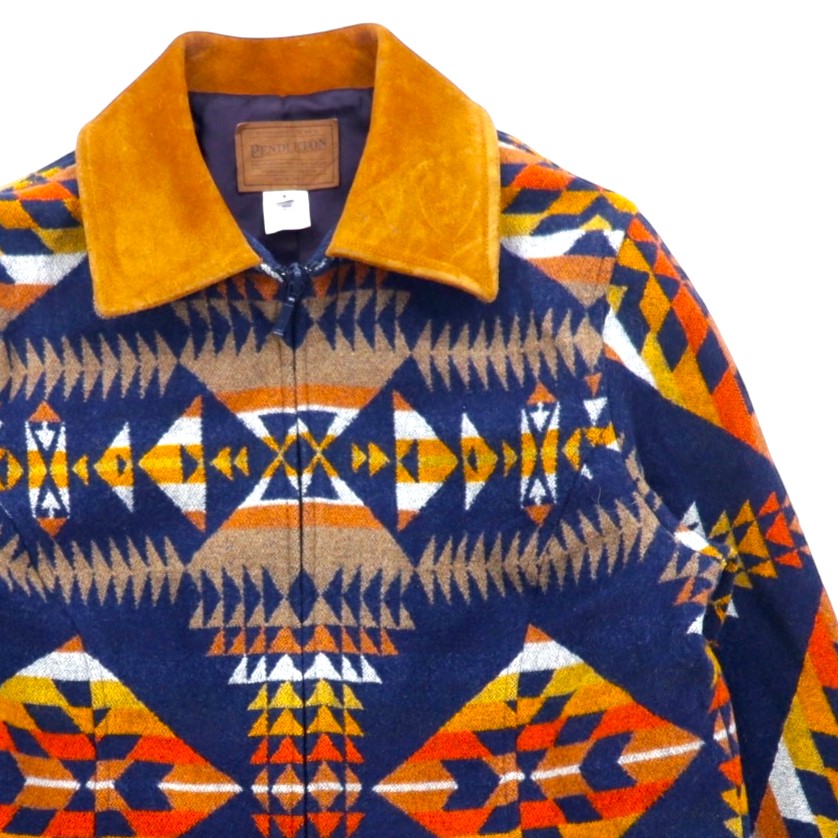 PENDLETON Giacca con zip in lana motivo nativo Blouson S blu navy multicolore collo in pelle made in El Salvador