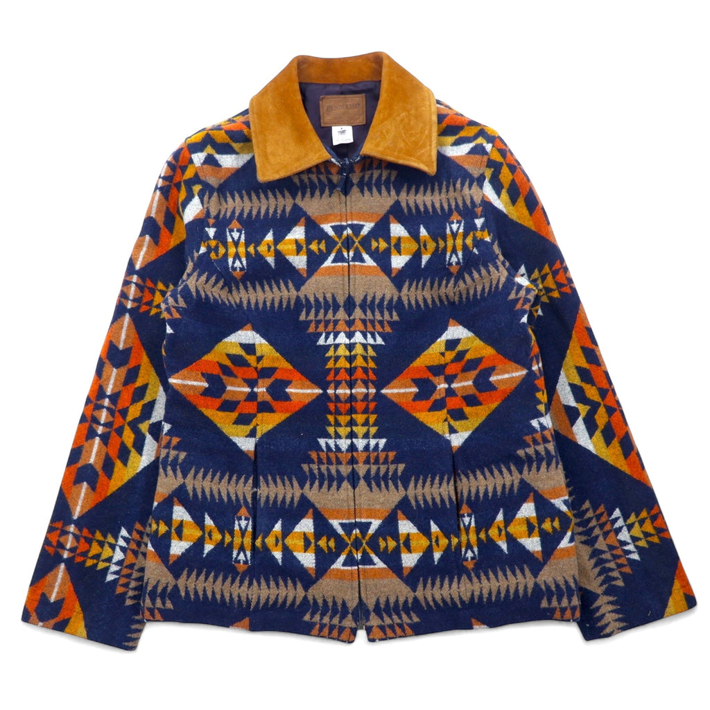 PENDLETON Giacca con zip in lana motivo nativo Blouson S blu navy multicolore collo in pelle made in El Salvador