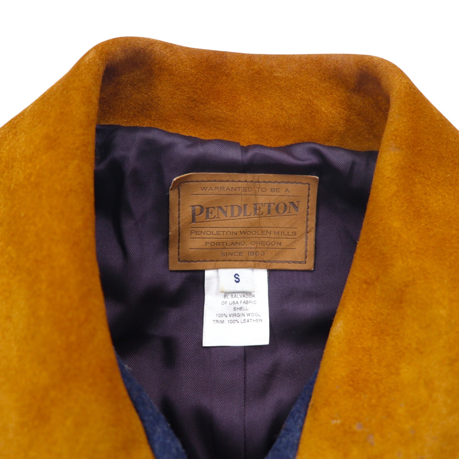 PENDLETON Giacca con zip in lana motivo nativo Blouson S blu navy multicolore collo in pelle made in El Salvador