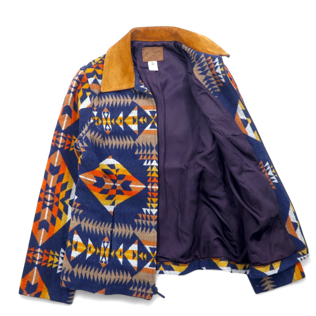 PENDLETON Giacca con zip in lana motivo nativo Blouson S blu navy multicolore collo in pelle made in El Salvador
