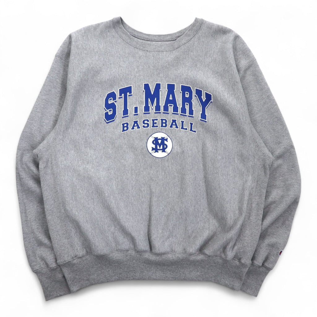 Champion Premium Reverse Weave felpa L grigia, felpata, stampa college ST. MARY BASEBALL a 3 livelli, logo ad arco, made in El Salvador