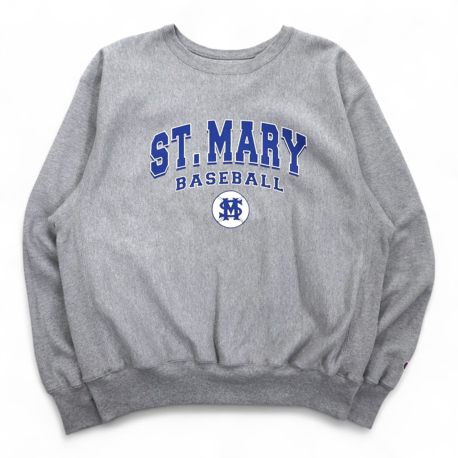 Champion Premium Reverse Weave felpa L grigia, felpata, stampa college ST. MARY BASEBALL a 3 livelli, logo ad arco, made in El Salvador