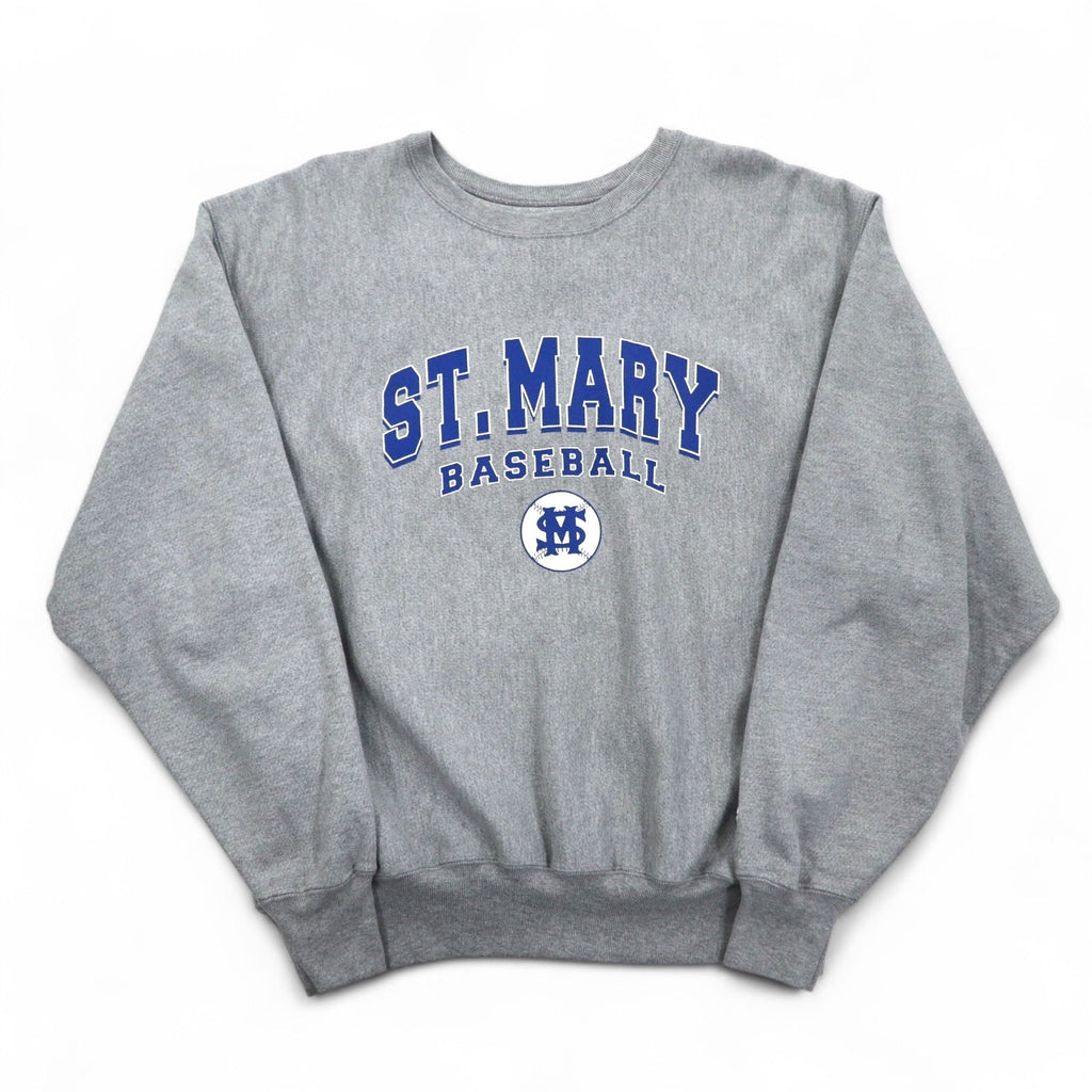 Champion Premium Reverse Weave felpa L grigia, felpata, stampa college ST. MARY BASEBALL a 3 livelli, logo ad arco, made in El Salvador