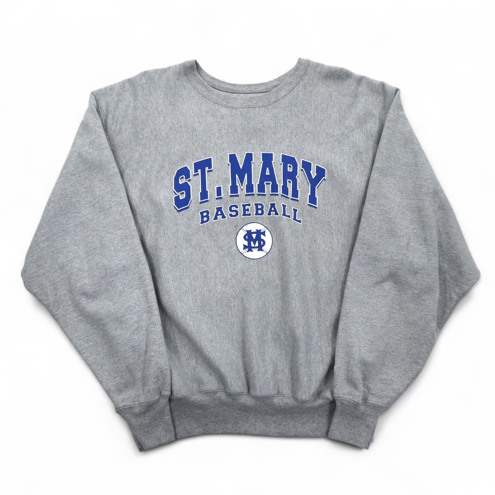 Champion Premium Reverse Weave felpa L grigia, felpata, stampa college ST. MARY BASEBALL a 3 livelli, logo ad arco, made in El Salvador