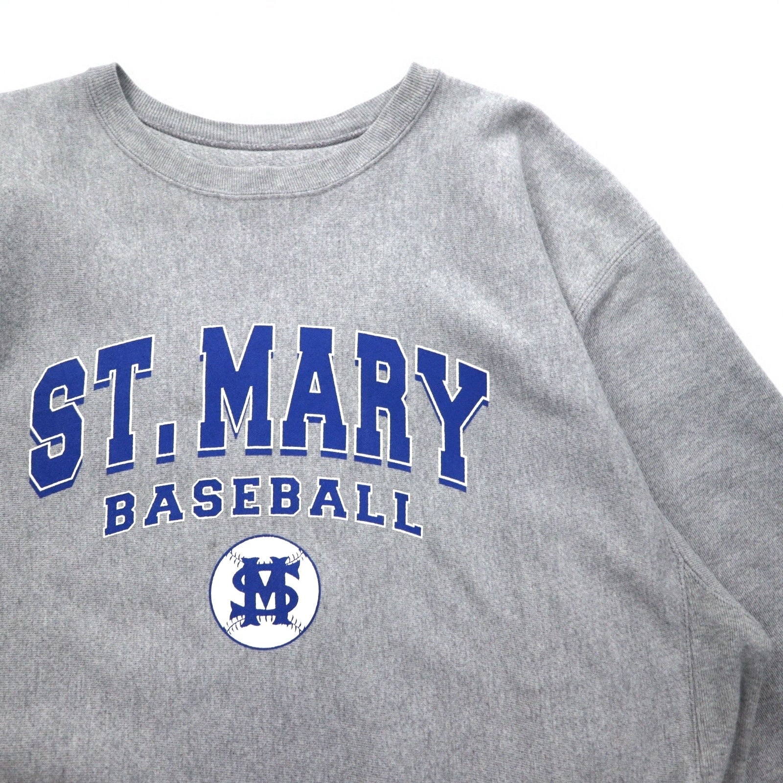 Champion Premium Reverse Weave felpa L grigia, felpata, stampa college ST. MARY BASEBALL a 3 livelli, logo ad arco, made in El Salvador