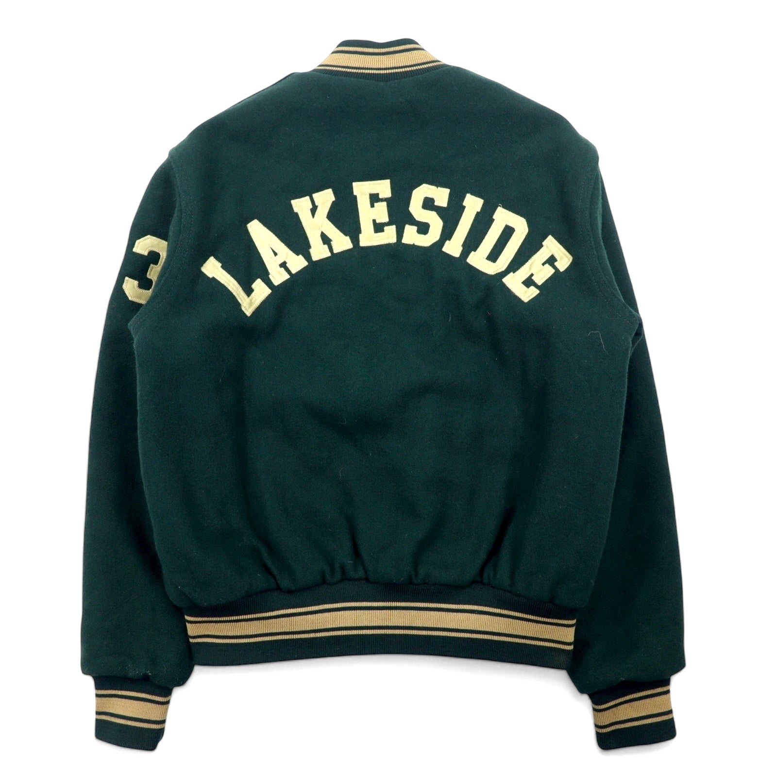 Giacca college in feltro Holloway, anni '90, made in USA, con polsini e orlo a righe, taglia M, colore verde, lana, ricamo LAKESIDE Alicia