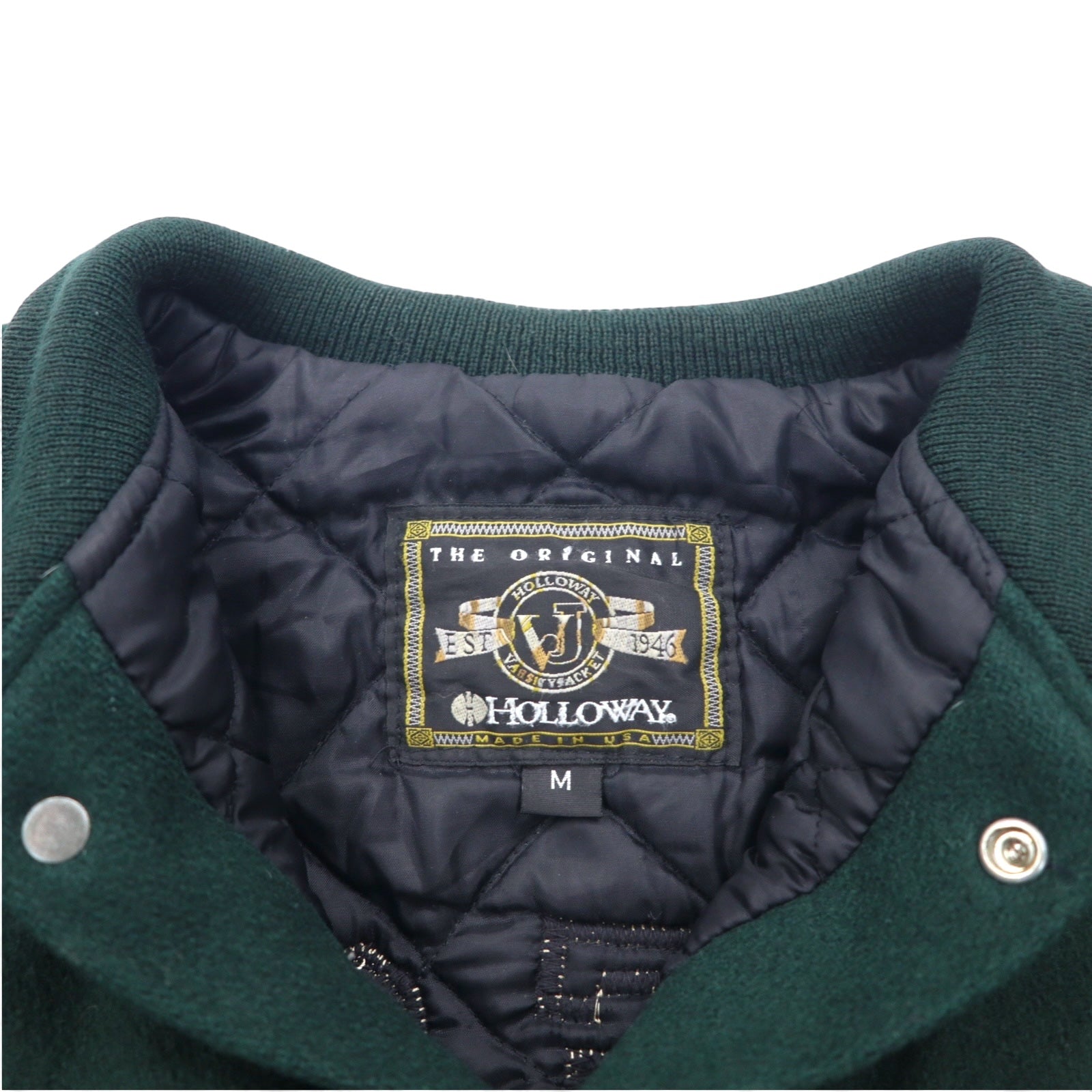 Giacca college in feltro Holloway, anni '90, made in USA, con polsini e orlo a righe, taglia M, colore verde, lana, ricamo LAKESIDE Alicia