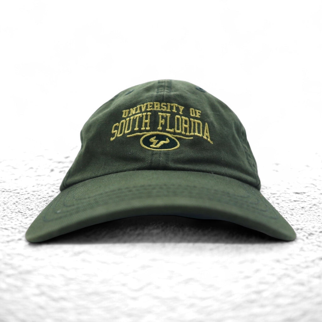 Anni '90 ZEPHYR cappellino a 6 pannelli lavato ricamato college FREE con velcro, kaki, SOUTH FLORIDA, logo ad arco